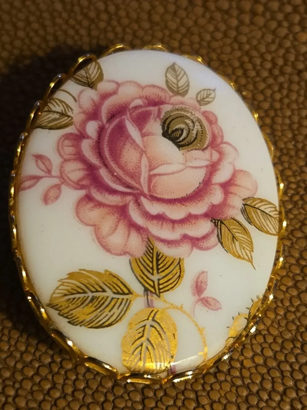 Victorian Floral Pink Rose Brooch Enamel Cameo Pink White Gold Pin